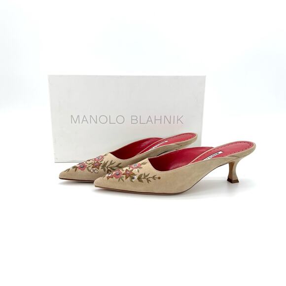 Manolo Blahnik Ornella Floral Embroidered Suede Slip On Kitten Heel Mules 38 - Picture 2 of 10
